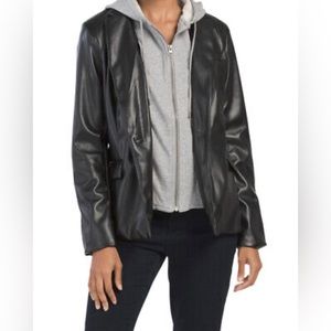 Rachel Zoe Women’s 2 in 1 Faux Leather Hoodie Blazer Black